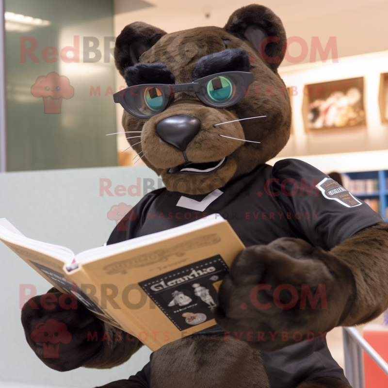 Brown Panther mascot costume character dressed with a Culottes and Reading glasses Brown Panther mascot costume character dressed with a Culottes and Reading glasses