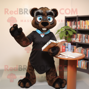 Brown Panther mascot costume character dressed with a Culottes and Reading glasses