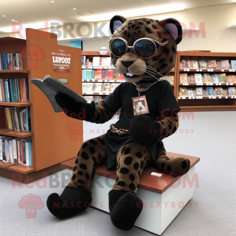 Brown Panther mascot costume character dressed with a Culottes and Reading glasses Brown Panther mascot costume character dressed with a Culottes and Reading glasses