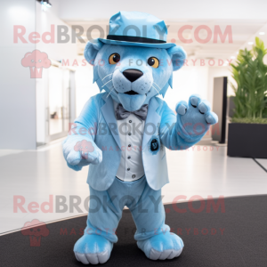 Sky Blue Smilodon mascot costume character dressed with a Suit Pants and Hats