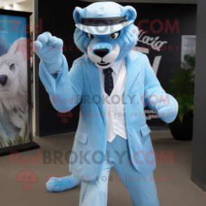 Sky Blue Smilodon mascot costume character dressed with a Suit Pants and Hats