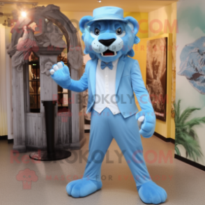 Sky Blue Smilodon mascot costume character dressed with a Suit Pants and Hats