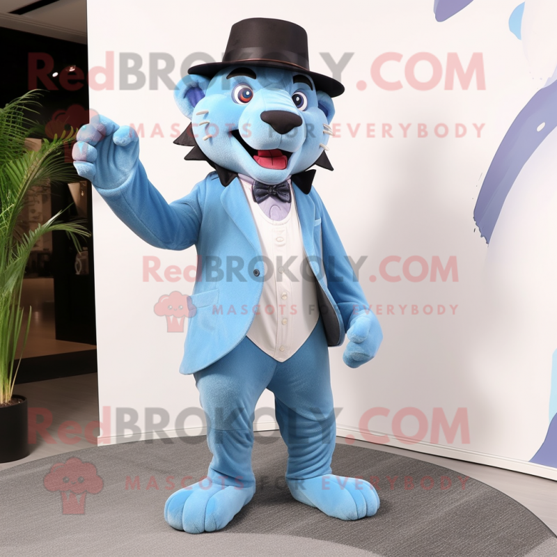 Sky Blue Smilodon mascot costume character dressed with a Suit Pants and Hats Sky Blue Smilodon mascot costume character dressed with a Suit Pants and Hats