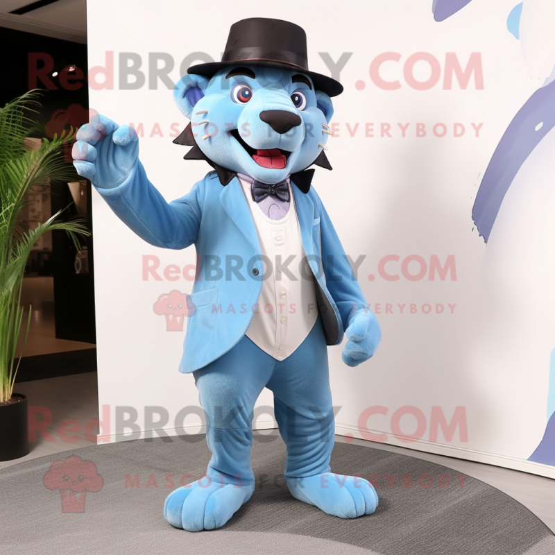 Sky Blue Smilodon mascot costume character dressed with a Suit Pants and Hats