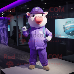 Purple Pig mascot costume character dressed with a Bodysuit and Berets