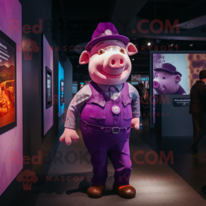 Purple Pig mascot costume character dressed with a Bodysuit and Berets