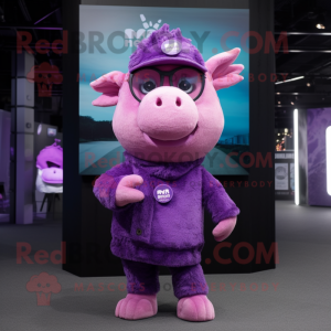 Purple Pig mascot costume character dressed with a Bodysuit and Berets