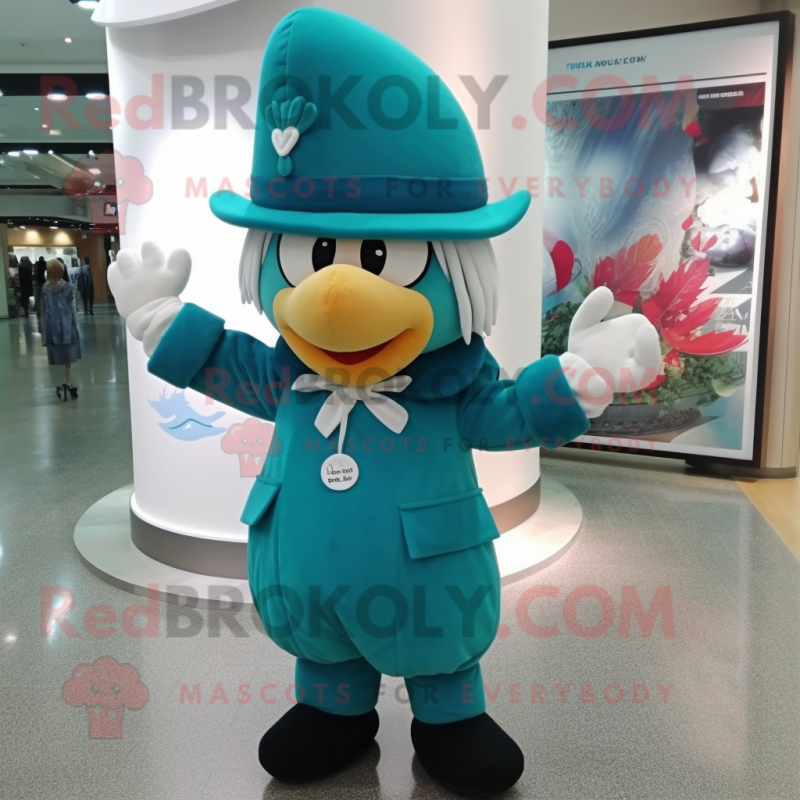 Teal Arrow Of Love mascot costume character dressed with a Culottes and Berets Teal Arrow Of Love mascot costume character dressed with a Culottes and Berets