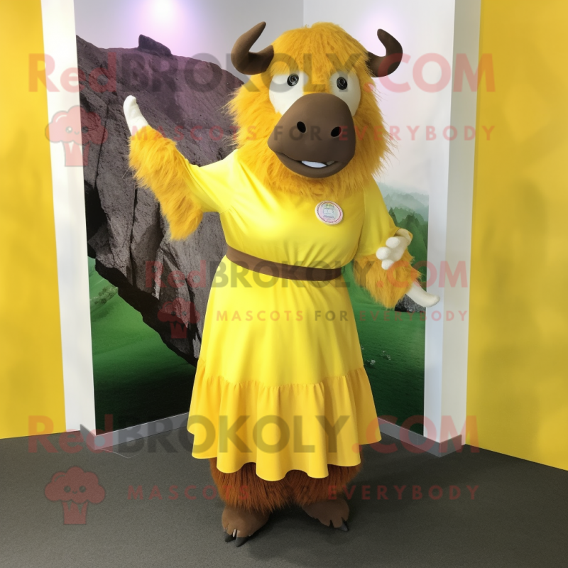 Yellow Yak mascot costume character dressed with a A-Line Dress and Gloves