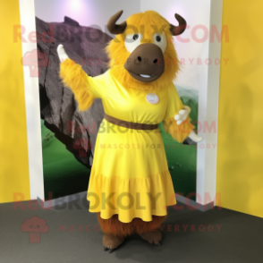 Yellow Yak mascot costume character dressed with a A-Line Dress and Gloves