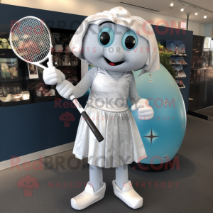 Silver Tennis Racket mascot costume character dressed with a Wrap Dress and Earrings