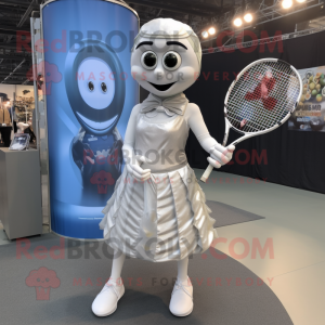 Silver Tennis Racket mascot costume character dressed with a Wrap Dress and Earrings