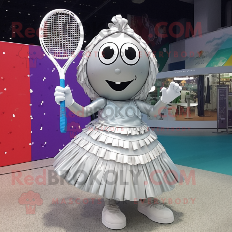 Silver Tennis Racket mascot costume character dressed with a Wrap Dress and Earrings