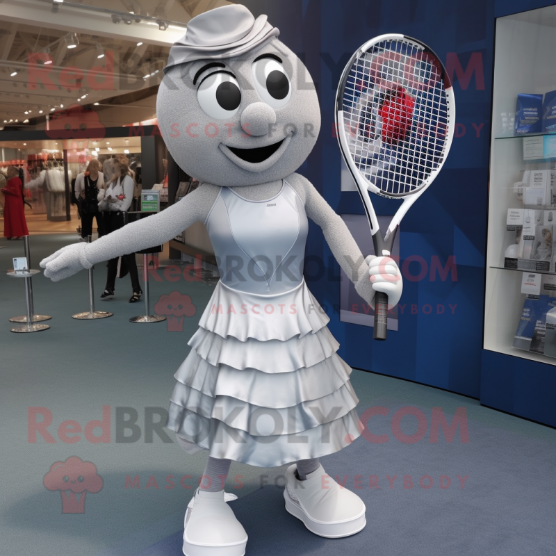 Silver Tennis Racket mascot costume character dressed with a Wrap Dress and Earrings