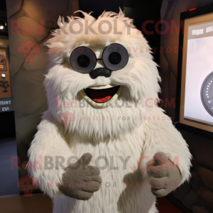 Cream Yeti mascot costume character dressed with a T-Shirt and Eyeglasses