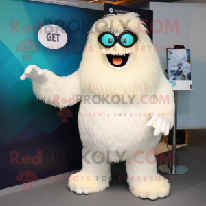 Cream Yeti mascot costume character dressed with a T-Shirt and Eyeglasses