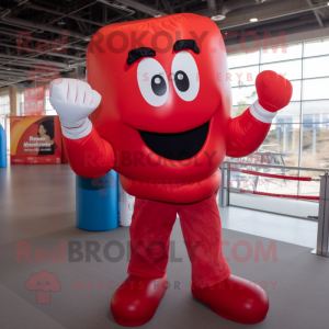 Red Boxing Glove mascot costume character dressed with a Mom Jeans and Gloves