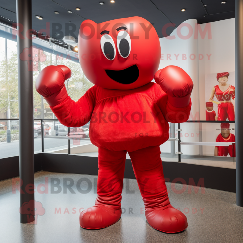 Red Boxing Glove mascot costume character dressed with a Mom Jeans and Gloves