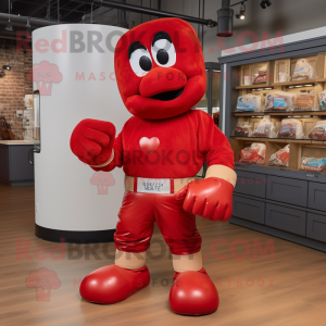 Red Boxing Glove mascot costume character dressed with a Mom Jeans and Gloves