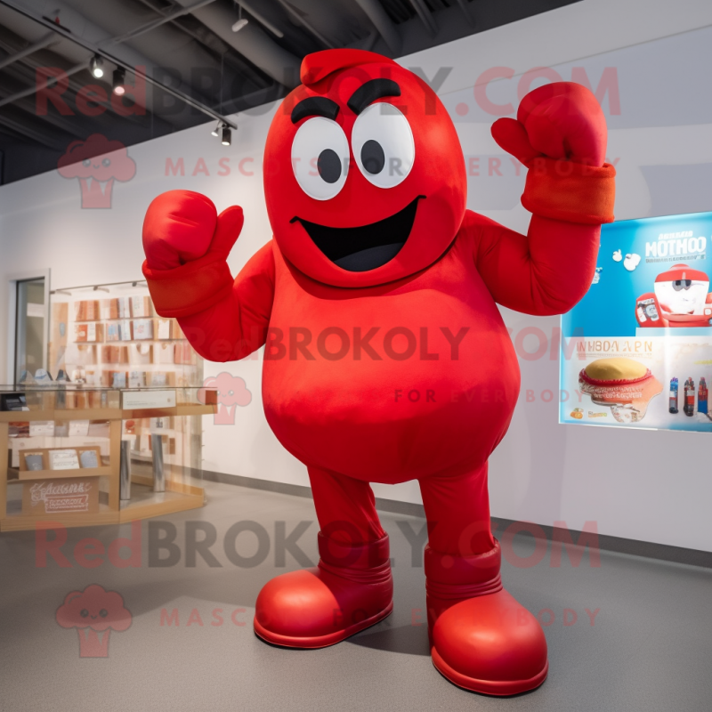 Red Boxing Glove mascot costume character dressed with a Mom Jeans and Gloves