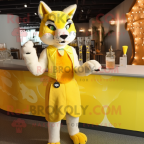 Yellow Lynx mascot costume character dressed with a Cocktail Dress and Earrings