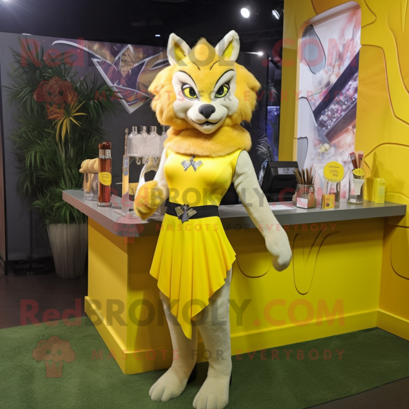 Yellow Lynx mascot costume character dressed with a Cocktail Dress and Earrings