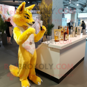 Yellow Lynx mascot costume character dressed with a Cocktail Dress and Earrings