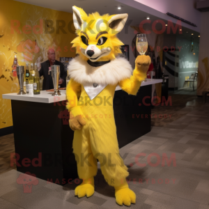 Yellow Lynx mascot costume character dressed with a Cocktail Dress and Earrings