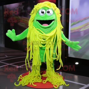 Lime Green Spaghetti mascot costume character dressed with a Coat and Foot pads