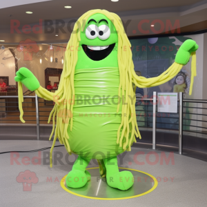 Lime Green Spaghetti mascot costume character dressed with a Coat and Foot pads