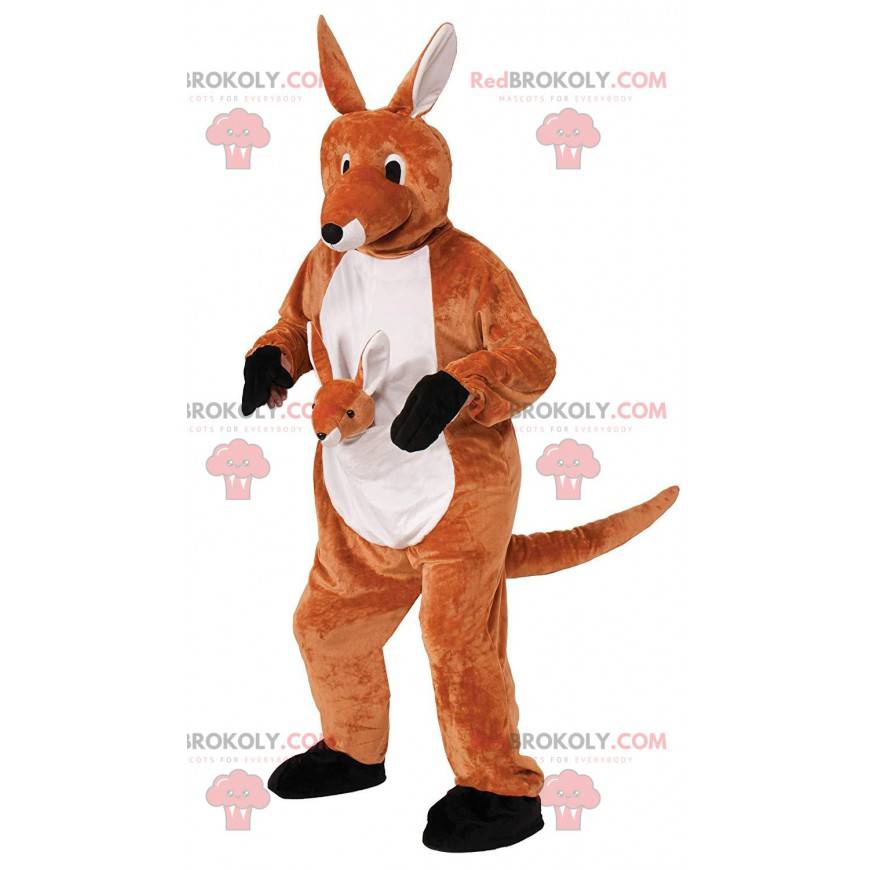 Mascotte de kangourou orange et blanc avec un bébé kangourou -