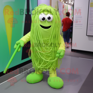 Lime Green Spaghetti mascot costume character dressed with a Coat and Foot pads