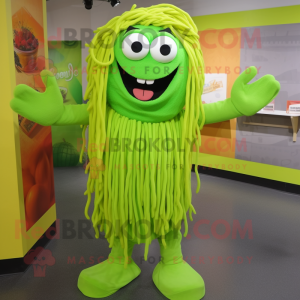 Lime Green Spaghetti mascot costume character dressed with a Coat and Foot pads