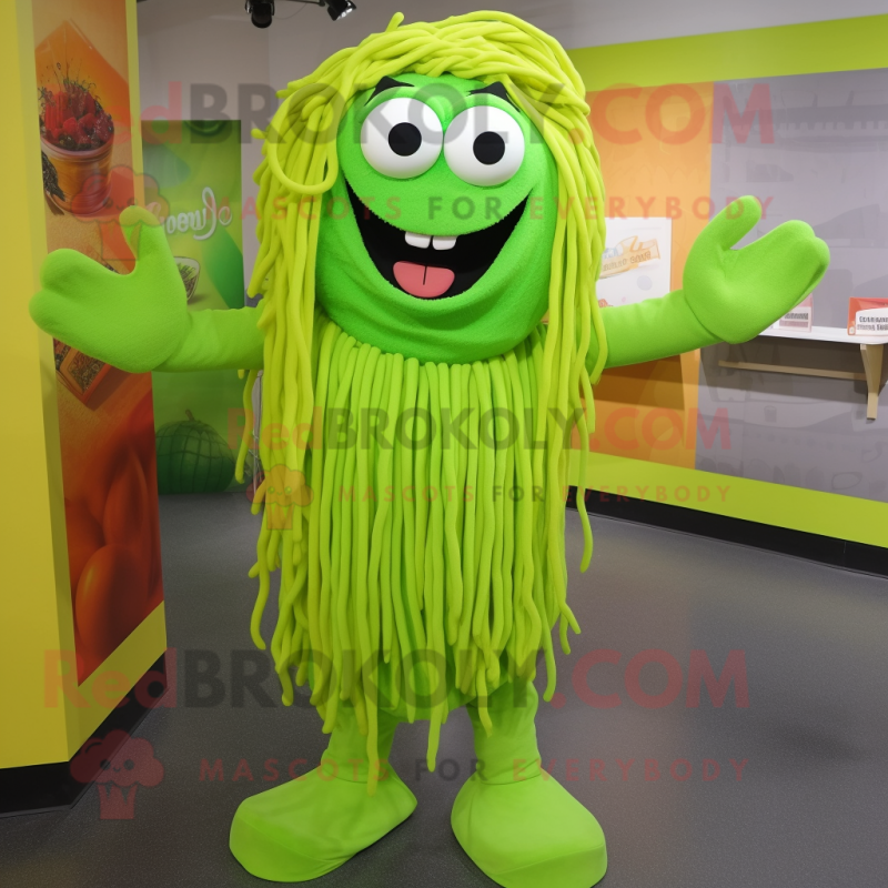 Lime Green Spaghetti mascot costume character dressed with a Coat and Foot pads Lime Green Spaghetti mascot costume character dressed with a Coat and Foot pads