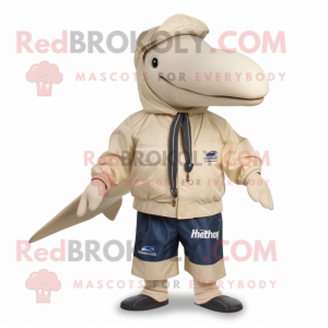 Beige Humpback Whale mascot costume character dressed with a Windbreaker and Ties
