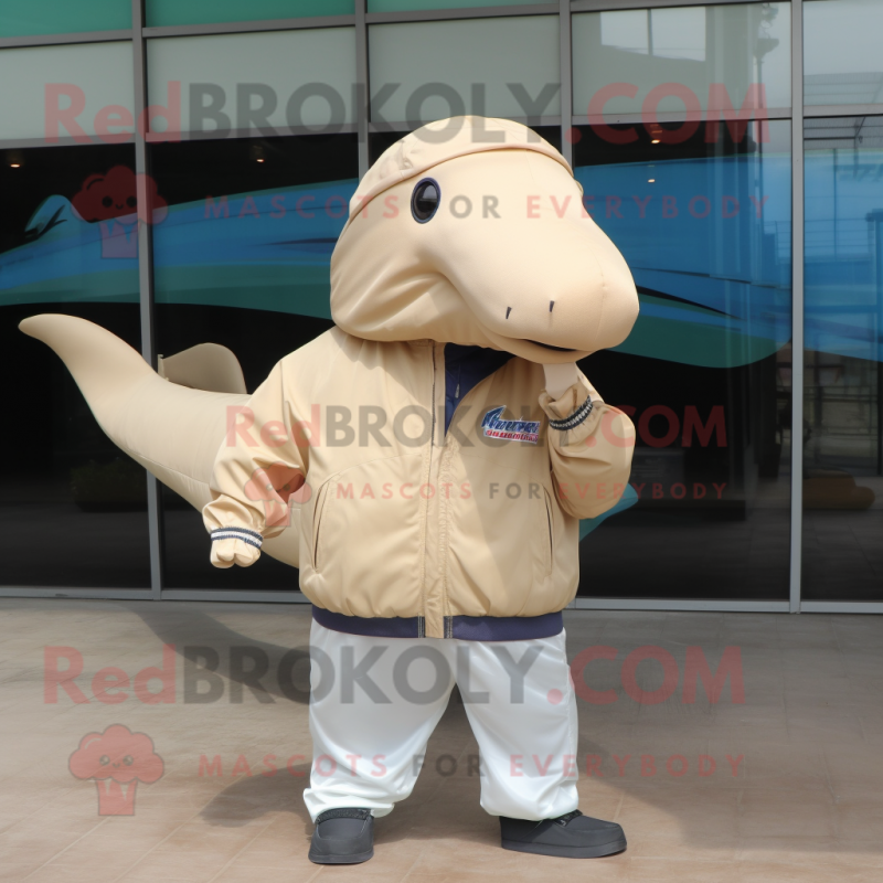 Beige Humpback Whale mascot costume character dressed with a Windbreaker and Ties