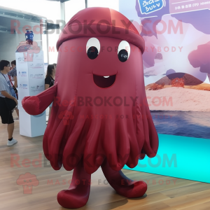 Maroon Jellyfish mascot costume character dressed with a Poplin Shirt and Foot pads