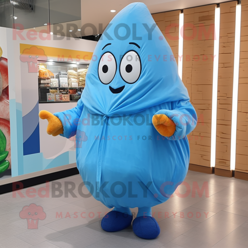 Sky Blue Potato mascot costume character dressed with a Coat and Wraps