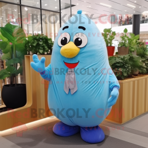 Sky Blue Potato mascot costume character dressed with a Coat and Wraps