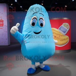 Sky Blue Potato mascot costume character dressed with a Coat and Wraps