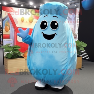 Sky Blue Potato mascot costume character dressed with a Coat and Wraps