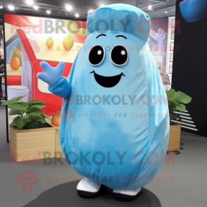 Sky Blue Potato mascot costume character dressed with a Coat and Wraps