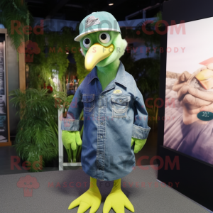 Lime Green Seagull mascot costume character dressed with a Denim Shirt and Berets