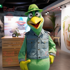 Lime Green Seagull mascot costume character dressed with a Denim Shirt and Berets