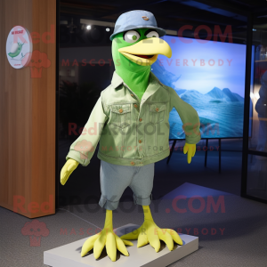 Lime Green Seagull mascot costume character dressed with a Denim Shirt and Berets
