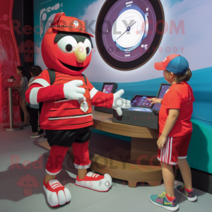 Red Mare mascot costume character dressed with a Board Shorts and Bracelet watches