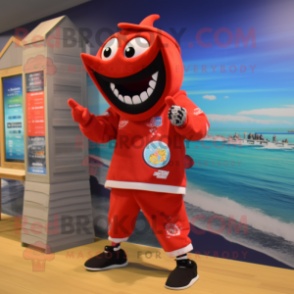 Red Mare mascot costume character dressed with a Board Shorts and Bracelet watches