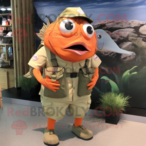 Orange Piranha mascot costume character dressed with a Cargo Shorts and Belts