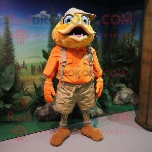 Orange Piranha mascot costume character dressed with a Cargo Shorts and Belts