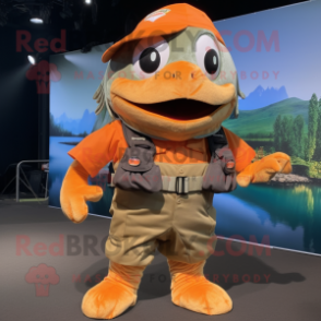 Orange Piranha mascot costume character dressed with a Cargo Shorts and Belts